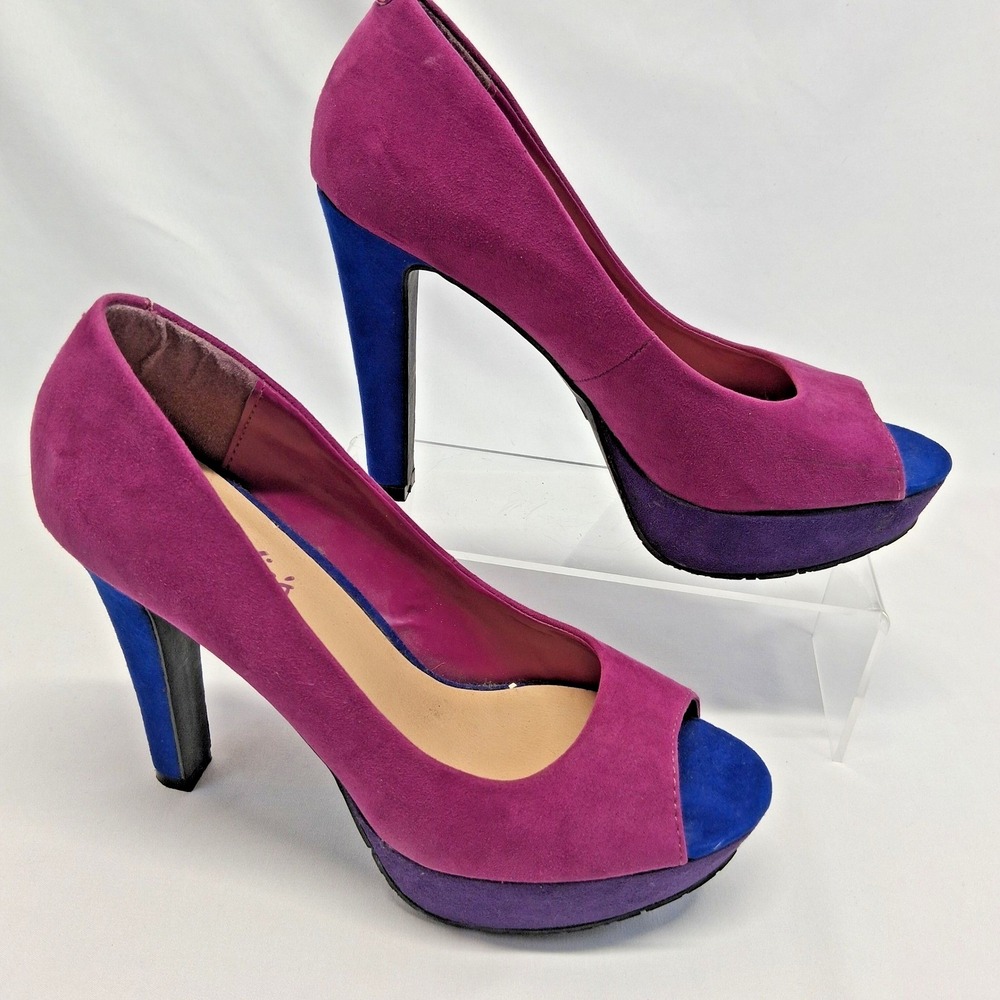 Candies CASUNNYFUSCHIA Women 7 Fuchsia Blue Purple Colorblock Platform Peep Toe